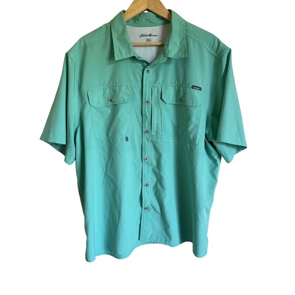 Eddie Bauer XXL Light Blue Button Up Short Sleeve Outdoor Camping Vented Shirt C - Picture 1 of 7